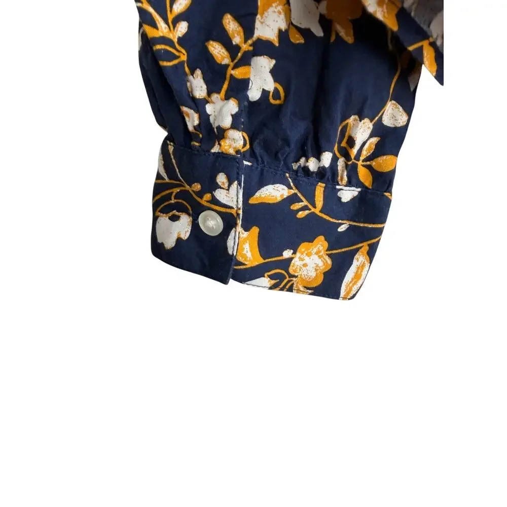 J.Crew Floral Ruffle Blouse Medium Navy Blue Cotton Button Front Classic Top